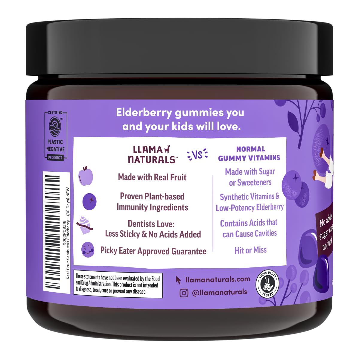 Llama Naturals Real Fruit Sambucus Elderberry Gummies for Kids | No Added Sugar Cane, Vegan, Organic Toddler Immune Support | Zinc & Natural Vitamin C | Children Immunity Boost | 60 ct (30 Days)