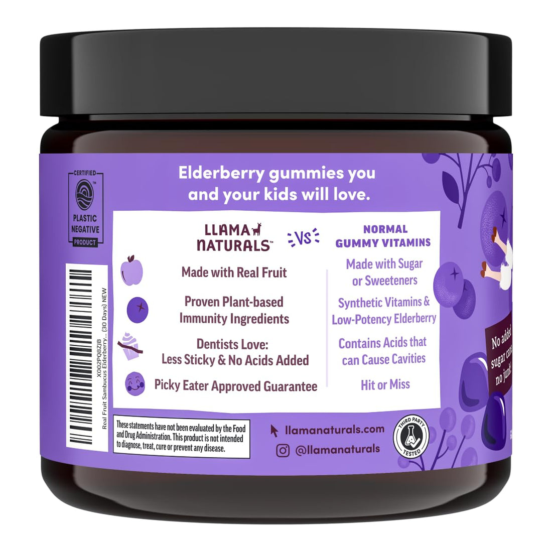 Llama Naturals Real Fruit Sambucus Elderberry Gummies for Kids | No Added Sugar Cane, Vegan, Organic Toddler Immune Support | Zinc & Natural Vitamin C | Children Immunity Boost | 60 ct (30 Days)