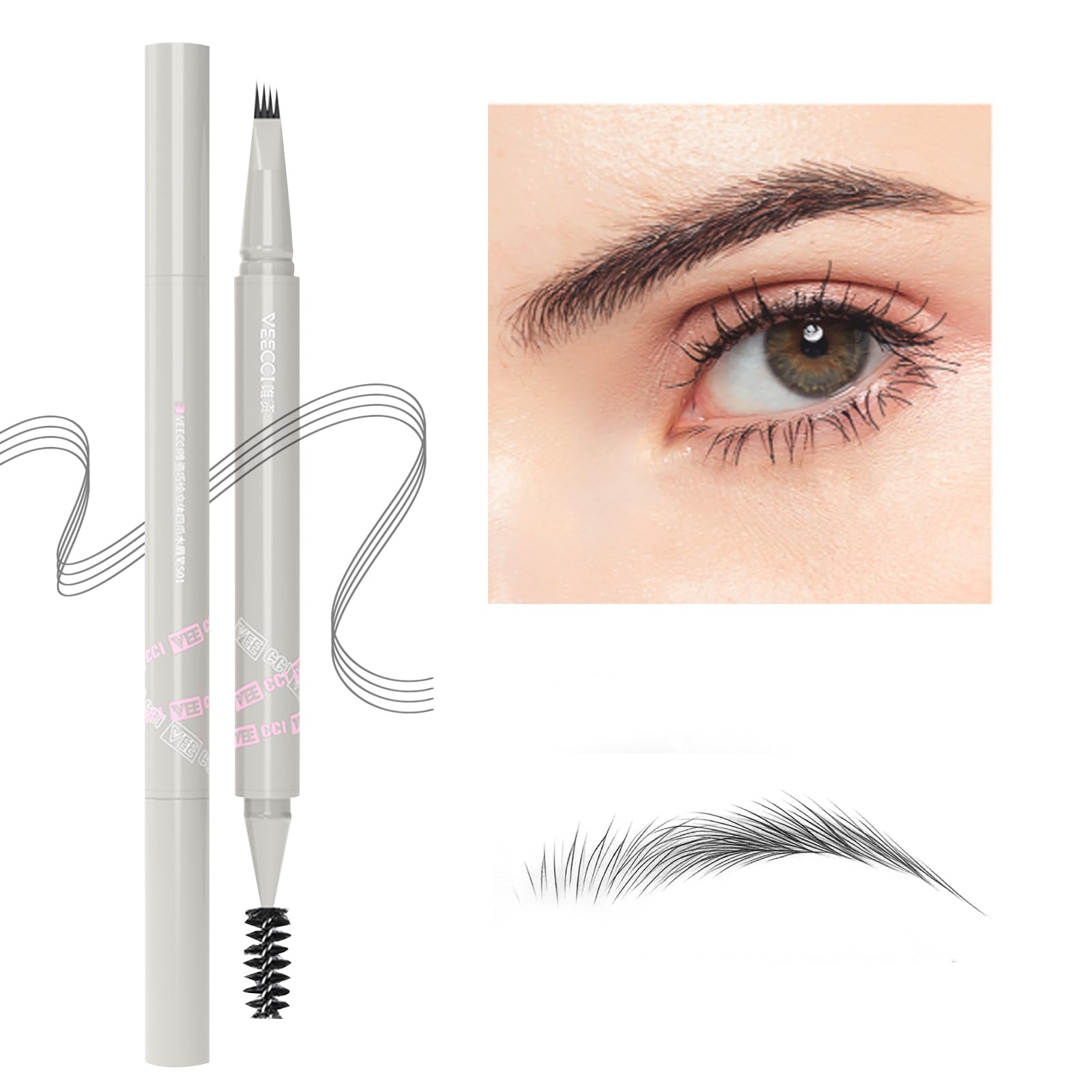 VEECCI Liquid Eyebrow Pen - Microfilling Eyebrow Pencil with Brush,Waterproof and Long-lasting Microblading Eyebrow Pencils for Women,Micro-Fork Tip Creates Natural Hair Like Strokes (Dark Grey)