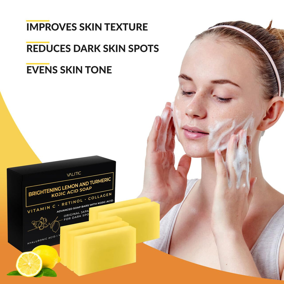 VALITIC Brightening Lemon & Turmeric Kojic Acid Soap with Vitamin C, Retinol, Collagen - Original Japanese Complex Infused with Hyaluronic Acid, Vitamin E, Shea Butter, Castile Olive Oil (5 Pack)