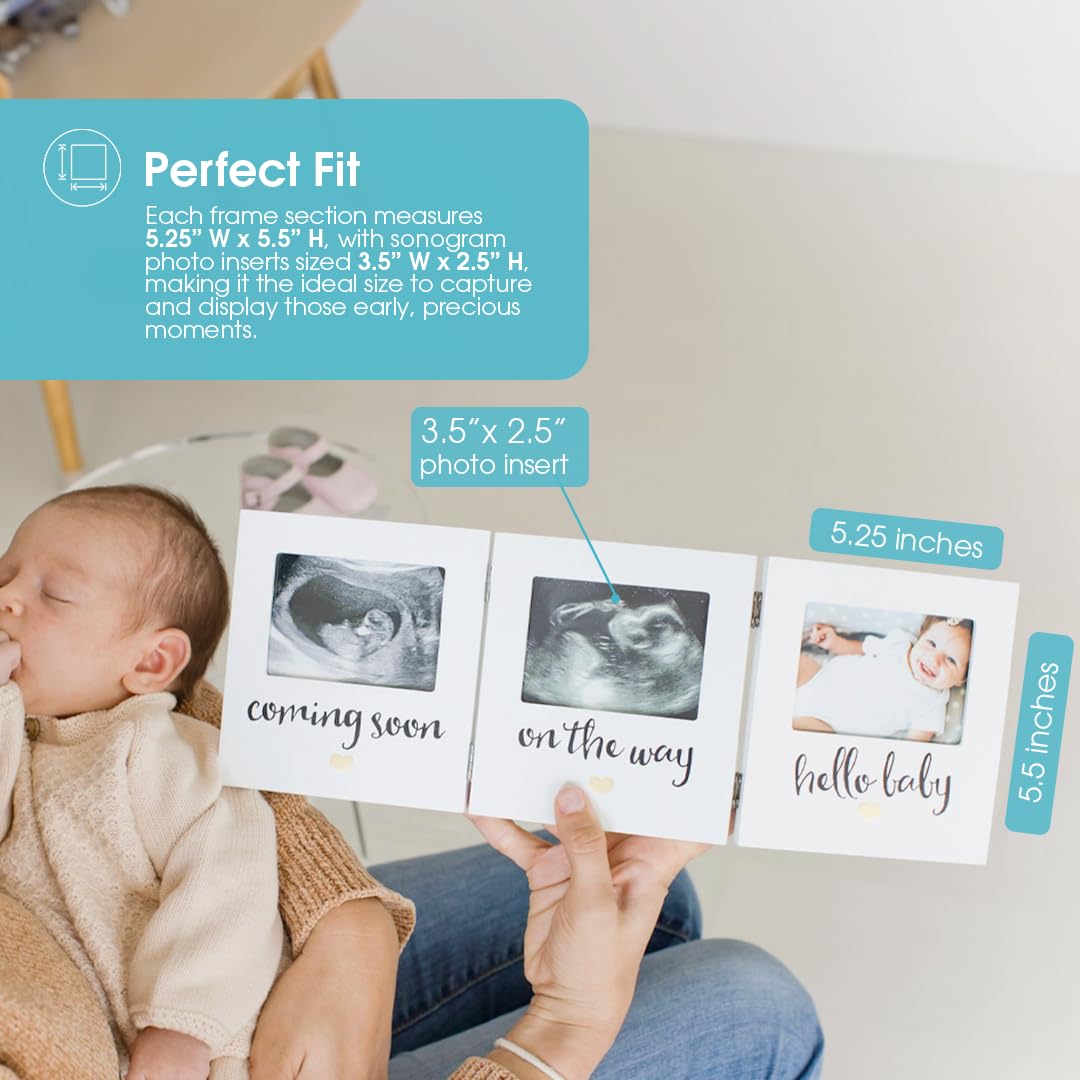 Pearhead Triple Sonogram Keepsake Photo Frame, Gender Neutral Ultrasound Keepsake, Ideal Pregnancy Gift For First Time Moms, Baby Shower and Nursery Decor, 3.5”x2.5” Photo Insert, White