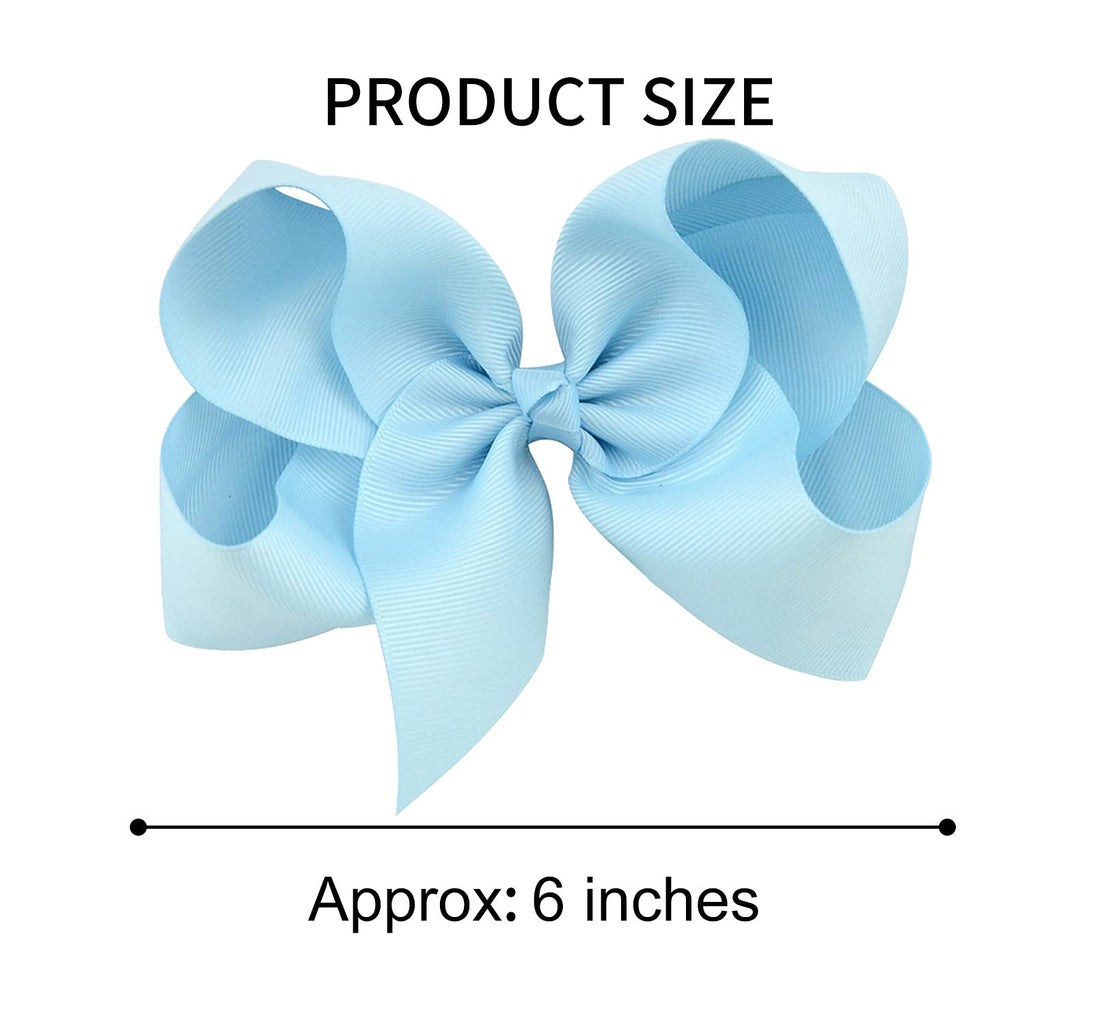 DEEKA 2 PCS 6 Big Hand-made Grosgrain Ribbon Solid Color Hair Bows Alligator Clips Hair Accessories for Little Teen Toddler Girls Kids Set of 2 -Light Blue