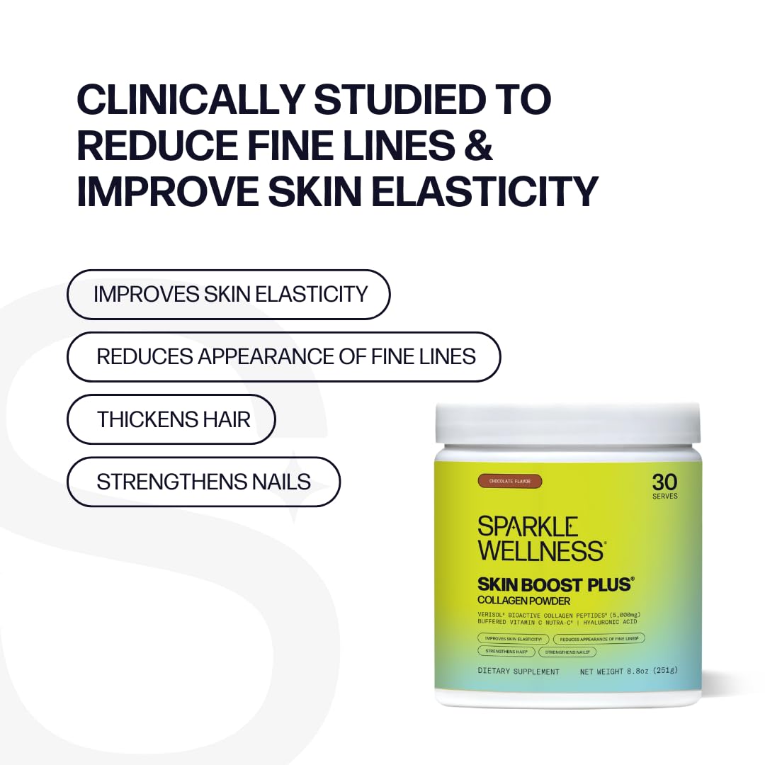 Sparkle Wellness Skin Boost Plus (Chocolate) [30-Serves] | Collagen Powder Supplement with Verisol Bioactive Hydrolyzed Collagen Peptides, Vitamin C & Hyaluronic Acid to Improve Skin Elasticity