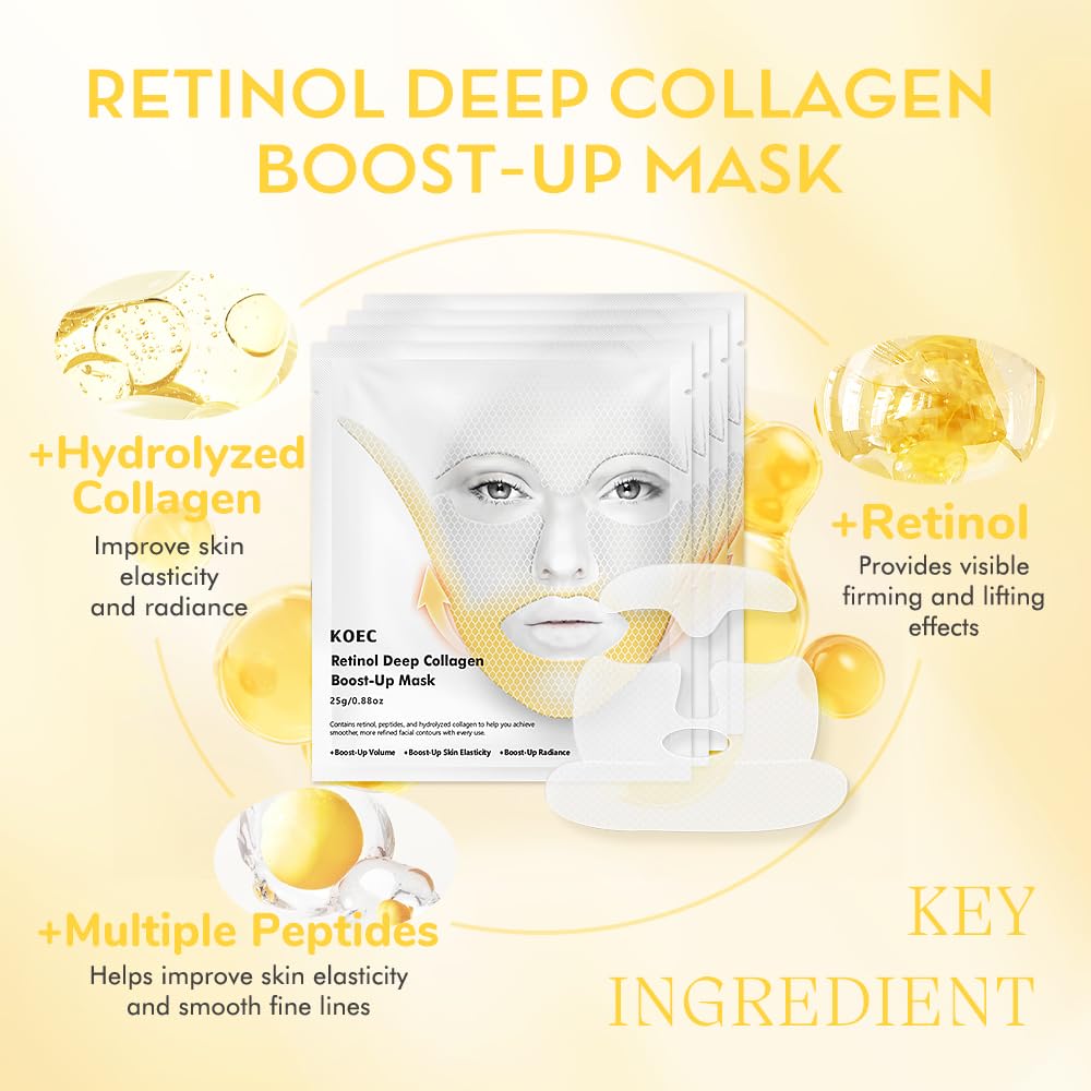 Deep Collagen Retinol Face Mask 4pcs - Instant V-Line Lifting & Tightening Mask for Wrinkles | Anti-Aging Sheet Mask with Collagen + Retinol | Korean Skincare for Smile Lines & Forehead