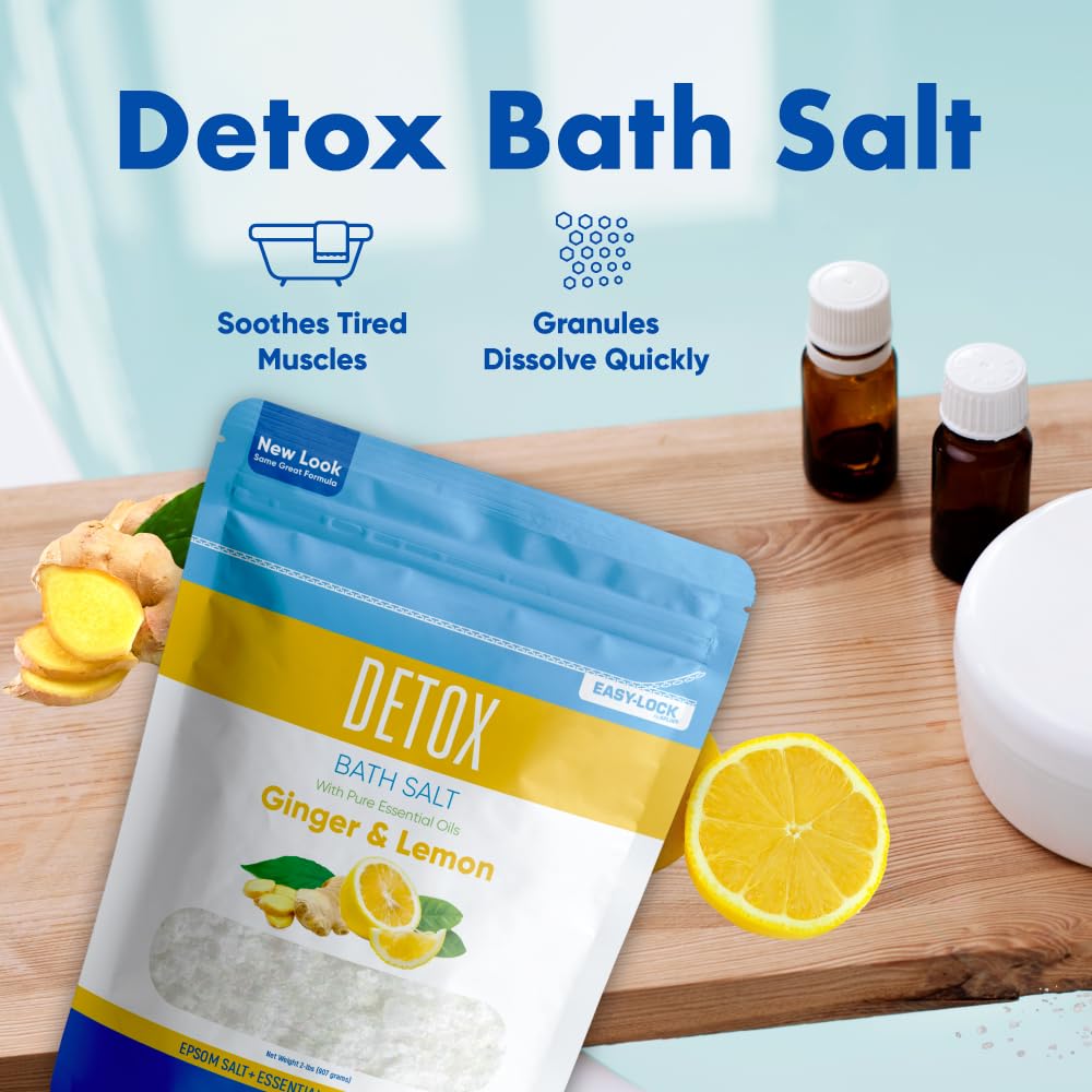 Detox Bath Salt 2 Pounds (32 Ounces) - Epsom Salt Bath Soak With Ginger & Lemon Essential Oil Plus Vitamin C - All Natural No Perfumes No Dyes - Detoxify & Revitalize Your Body & Mind Naturally