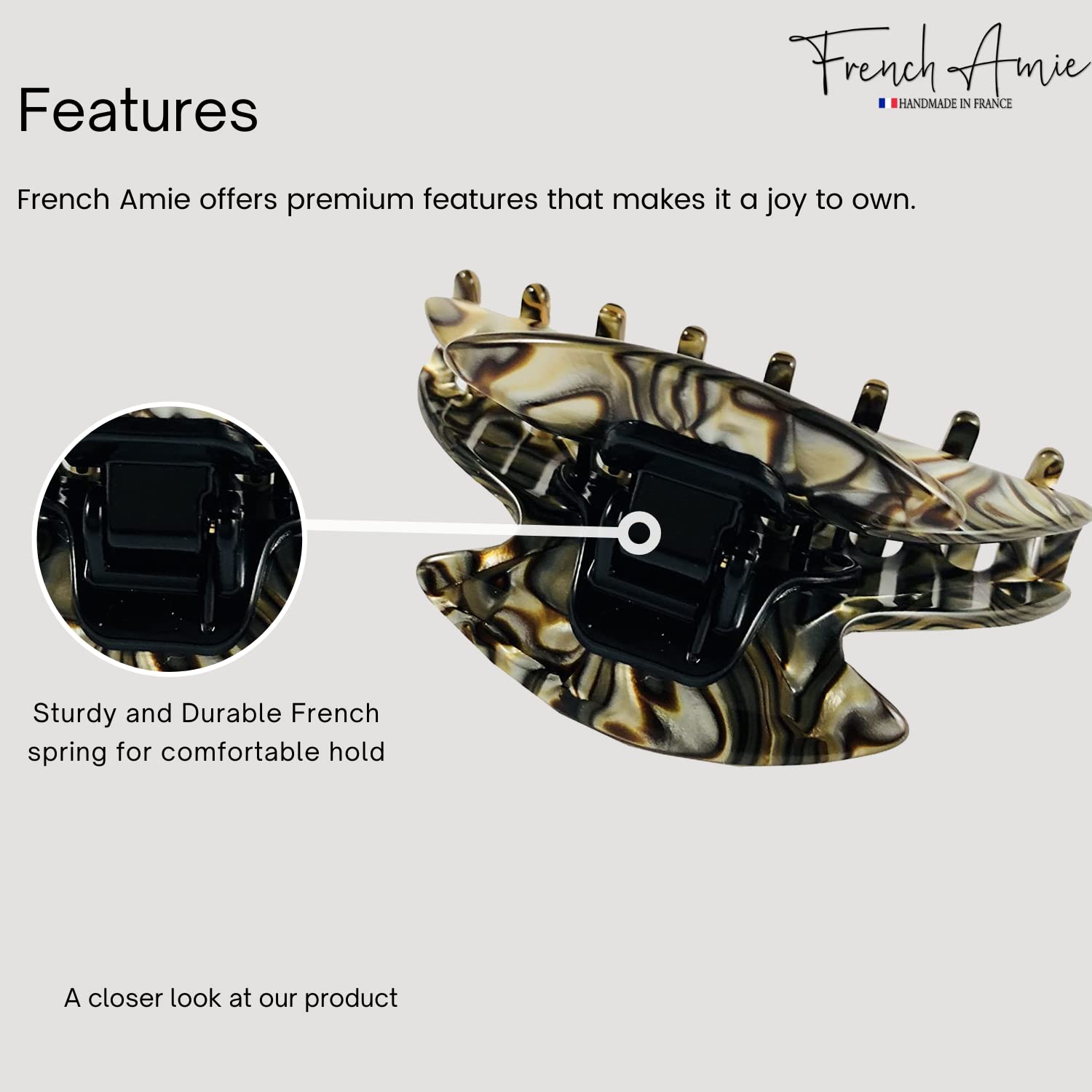 French Amie Smooth Onyx Silver Grey Medium Handmade Celluloid Jaw Hair Claw Clip Clamp Clutcher