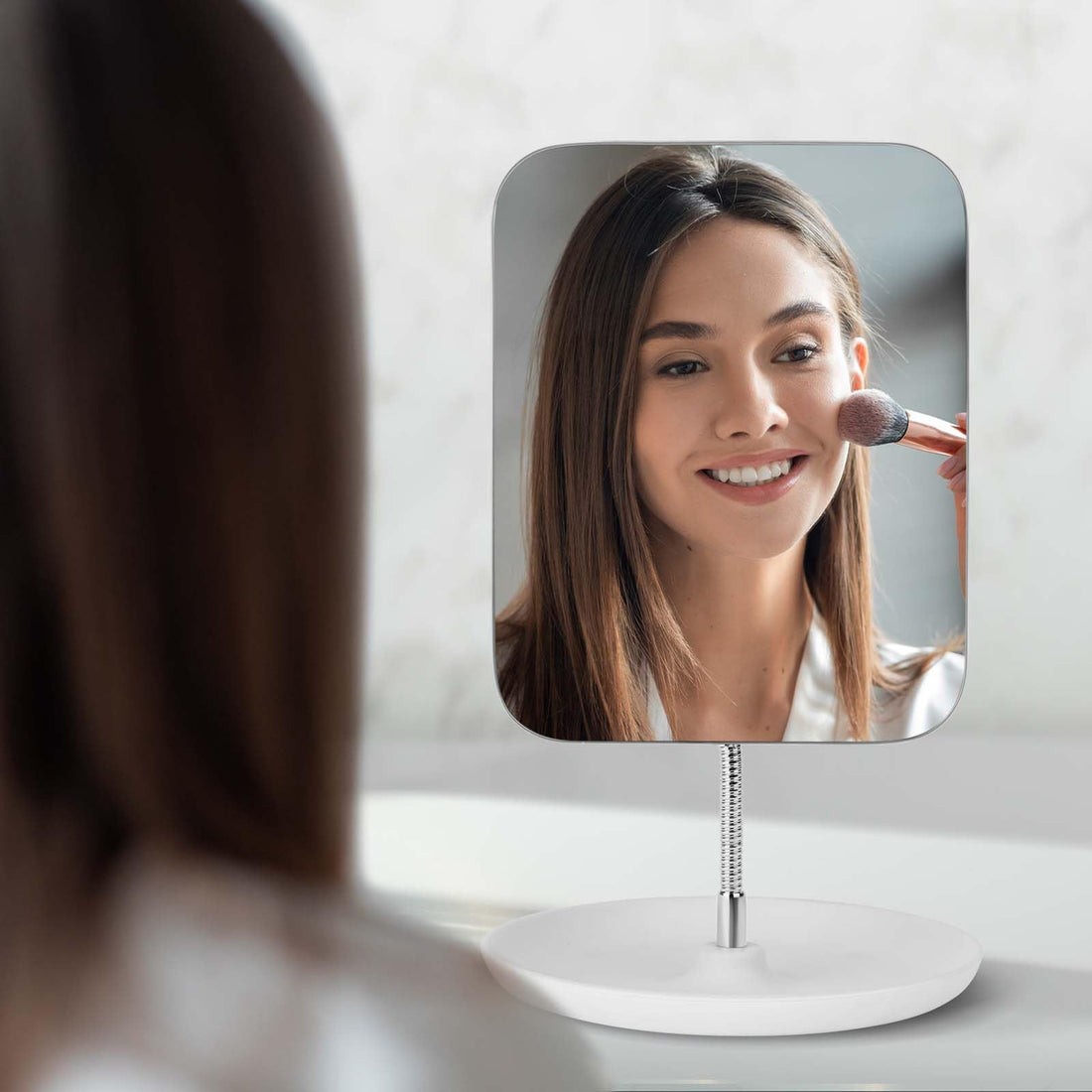 LFOYOU Table Vanity Mirror with Stand - Makeup Mirror for Desk - Adjustable Flexible Gooseneck, 360°Rotation Folding Portable Bathroom Shaving Cosmetic Mirror Square