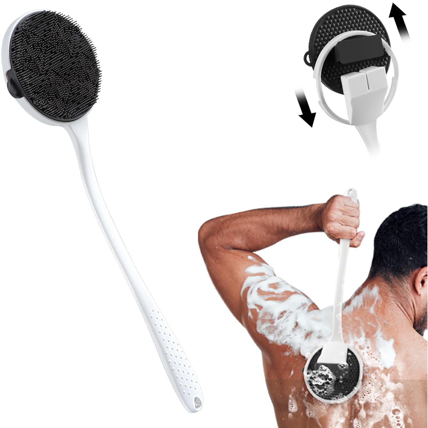 Zeutch Silicone Back Scrubber for Shower, 2025 Upgrade 16 Inch Detachable Long Handle Body Brush, Loop Bristles Shower Brush for Exfoliating, Deep Cleansing for Men & Massage Can Produce Rich Foam