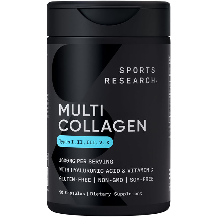 Sports Research Multi Collagen Pills (Type I, II, III, V, X) Hydrolyzed Collagen Peptides with Hyaluronic Acid + Vitamin C | Non-GMO Verified & Gluten Free - 90 Capsules