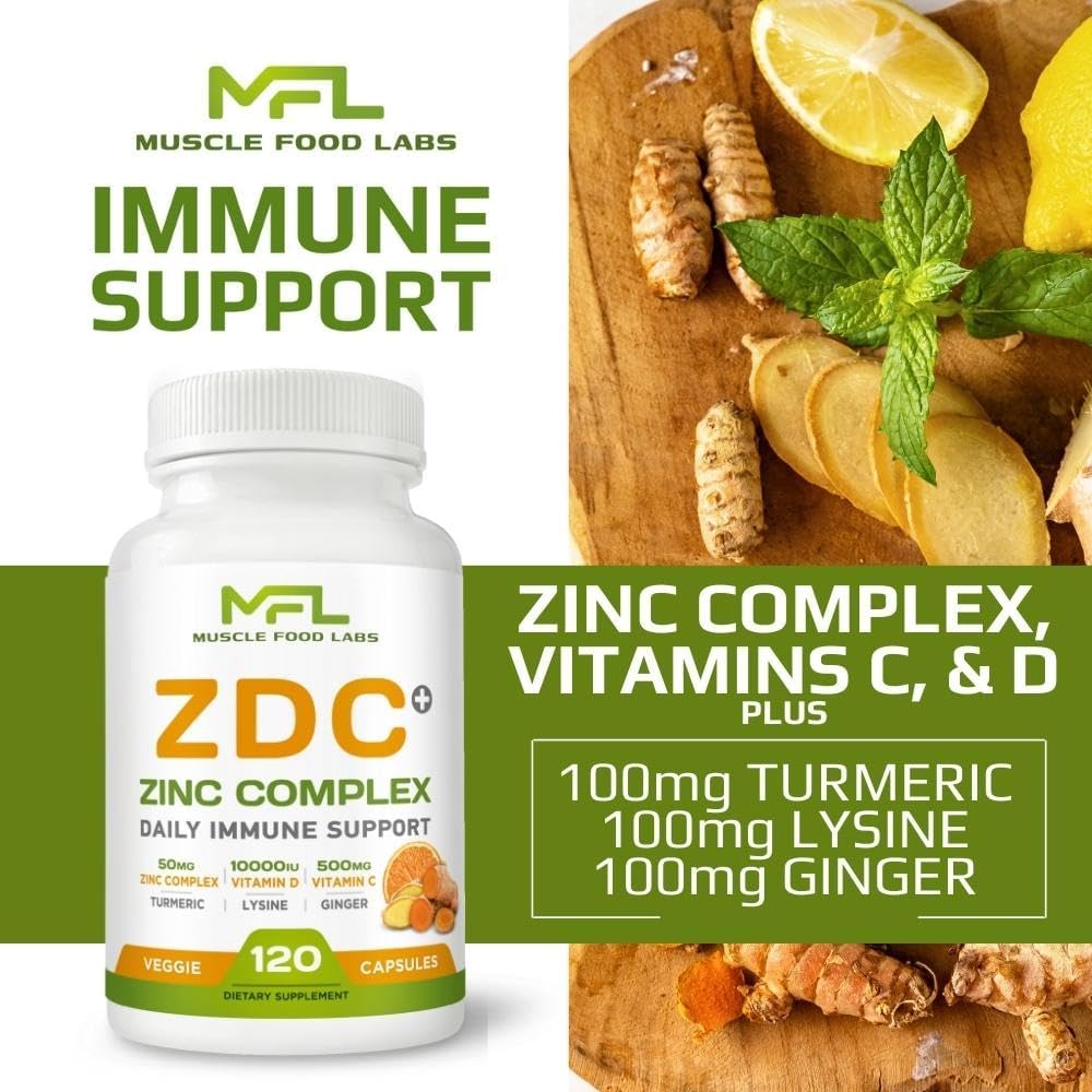 MUSCLE FOOD LABS | Z D C Plus | Vitamin C, 500mg | Vitamin D3, | Zinc, | Turmeric | Ginger | Lysine | Non-GMO & Gluten Free | Veggie Caps | 120 Servings