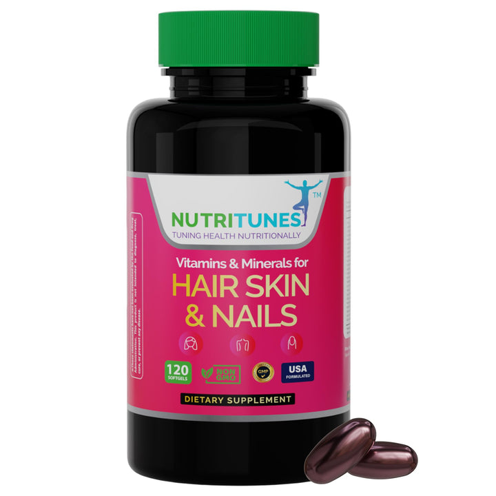 Nutritunes Hair, Skin, & Nails Multivitamins & Minerals - Biotin, Folate, Vitamin C, D3, E B-6 & B-12 Supports Hair, Skin, & Nail Health - Non-GMO, GMP-Certified (120 Softgel Capsules)