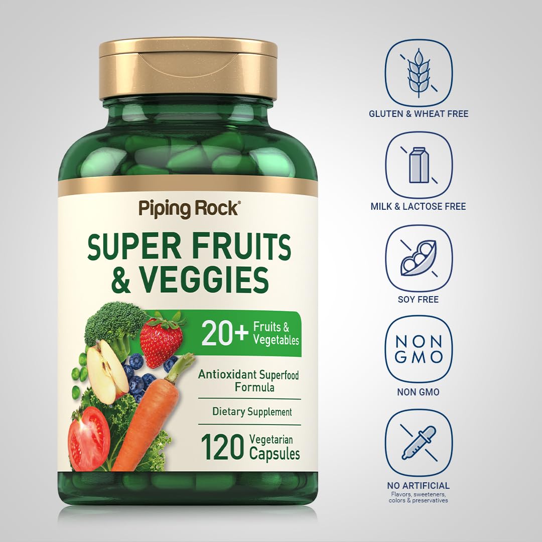 Piping Rock Fruits and Veggies Supplement | 120 Capsules | Plus 20 Fruit and Vegetables | Antioxidant Superfood Formula | Daily Multivitamin | Vegetarian, Non-GMO, Gluten Free