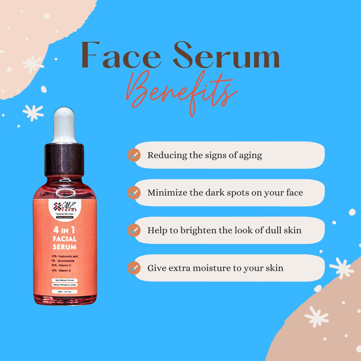4 in 1 Facial Serum, 10% Hyaluronic Acid, 5% Niacinamide, 30% Vitamin C, 10% Vitamin E, 1.01 fl oz