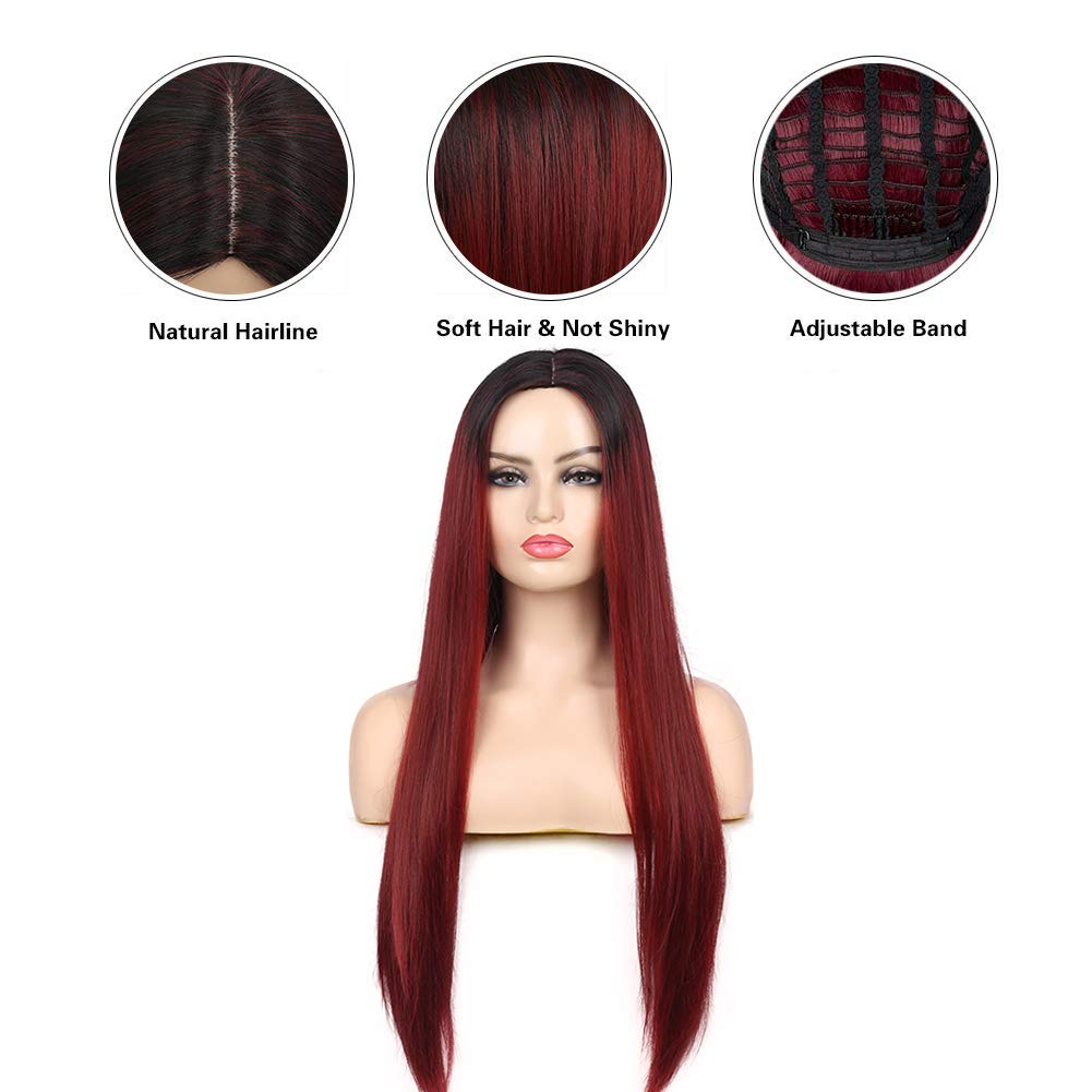 Kaneles Ombre Wine Red Wigs Long Straight Red Wigs for Women Ultra Soft Heat Resistant Fiber Party Cosplay Accessories