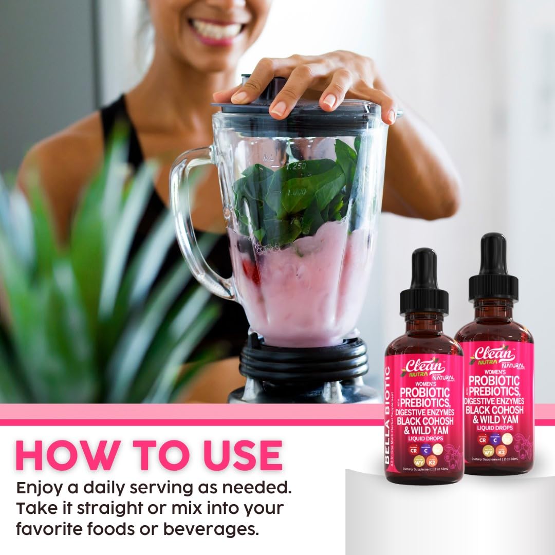 Liquid Probiotics for Women Drops with Chasteberry, Black Cohosh, Prebiotics, Digestive Enzymes, Evening Primrose Oil, Wild Yam, Cranberry Dmannose and Iron Vitamin D3 K2 Clean Nutra Bella Biotics