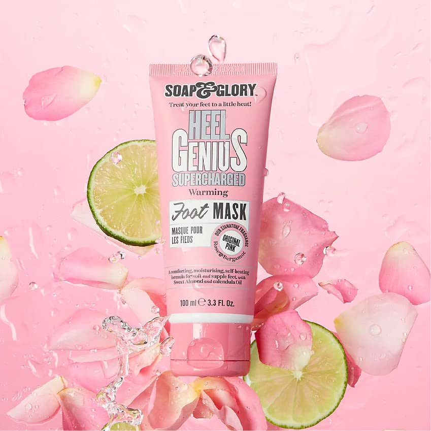 Soap & Glory Original Pink Heel Genius Supercharged Foot Mask - Self Heating Foot Treatment for Rough, Cracked Feet - Sweet Almond, Calendula Oil & AHA Creamy Foot Care - Hydrating Foot Mask (100ml)