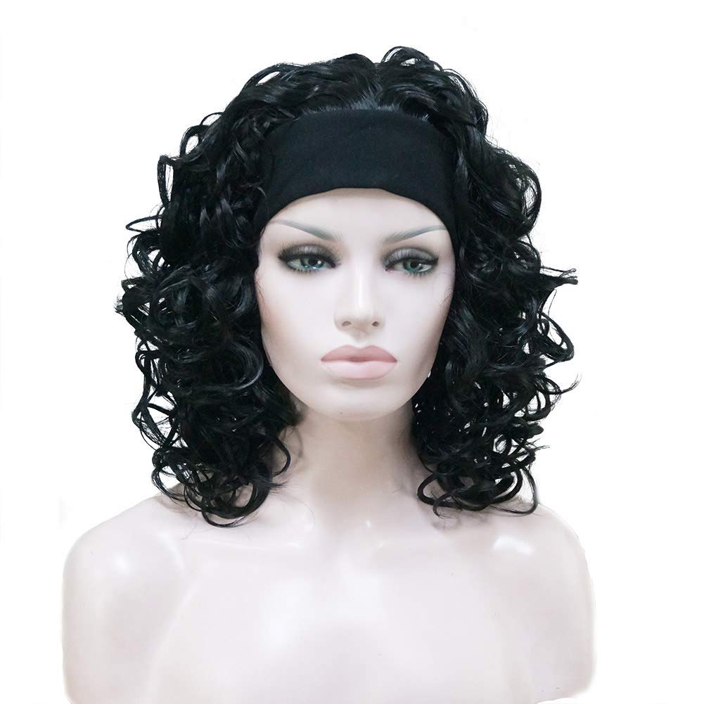 #1: Aimole Short Curly Black Wigs Women'S Wig 3/4 Half Wig With Headband #1 Black