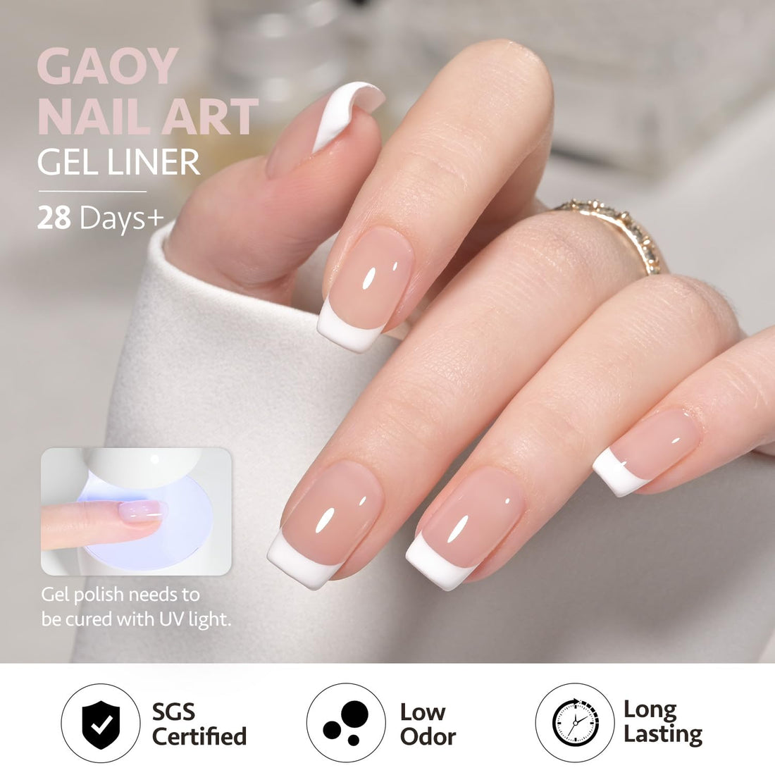 GAOY White Swirl Gel Nail Polish Art Liner, 12ml Classic Color Nail Paint Design with Thin Brush, UV Light Cure for DIY French Manicure at Home