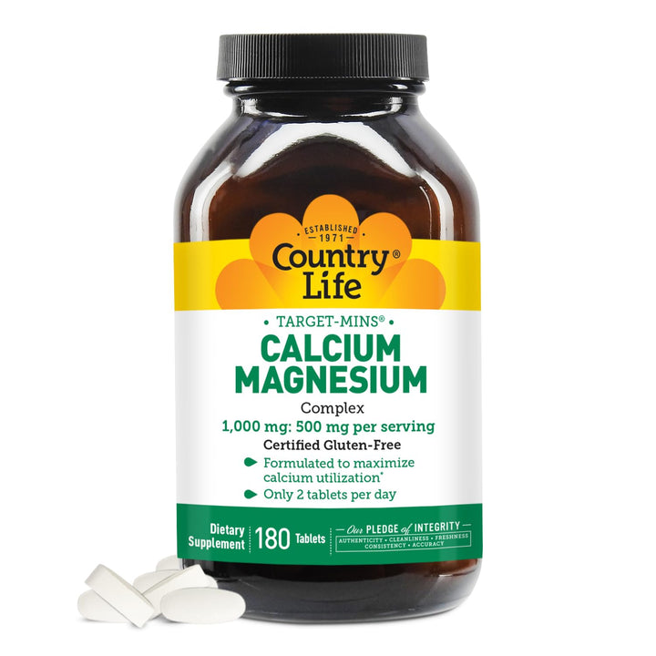 Country Life Target-Mins Calcium Magnesium Complex 1000mg/500mg, 180 Tablets, Certified Gluten Free, Certified Vegan, Certified Non-GMO Verified