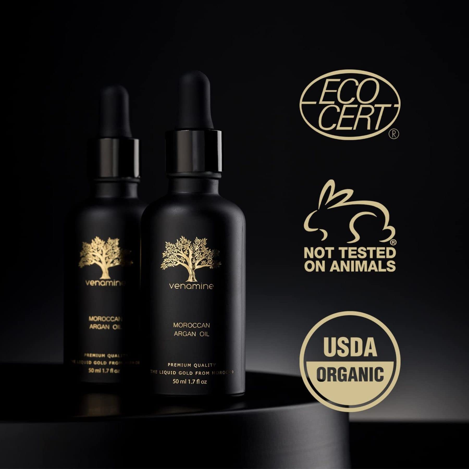 VENAMINE Organic Argan Oil, 100% Pure USDA Certified, For Hair, Face & Skin, Imported from Morocco 50 ml 1.7 fl.oz