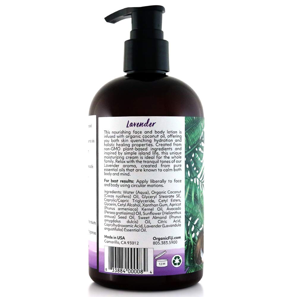 Organic Fiji Moisturizing Face and Body Organic Coconut Oil Lotion Lavender 12 Ounce