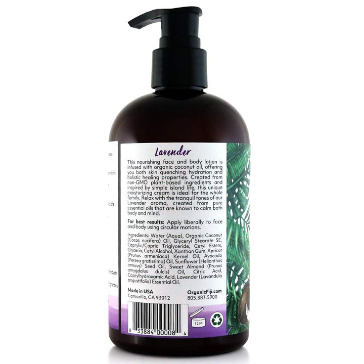 Organic Fiji Moisturizing Face and Body Organic Coconut Oil Lotion Lavender 12 Ounce