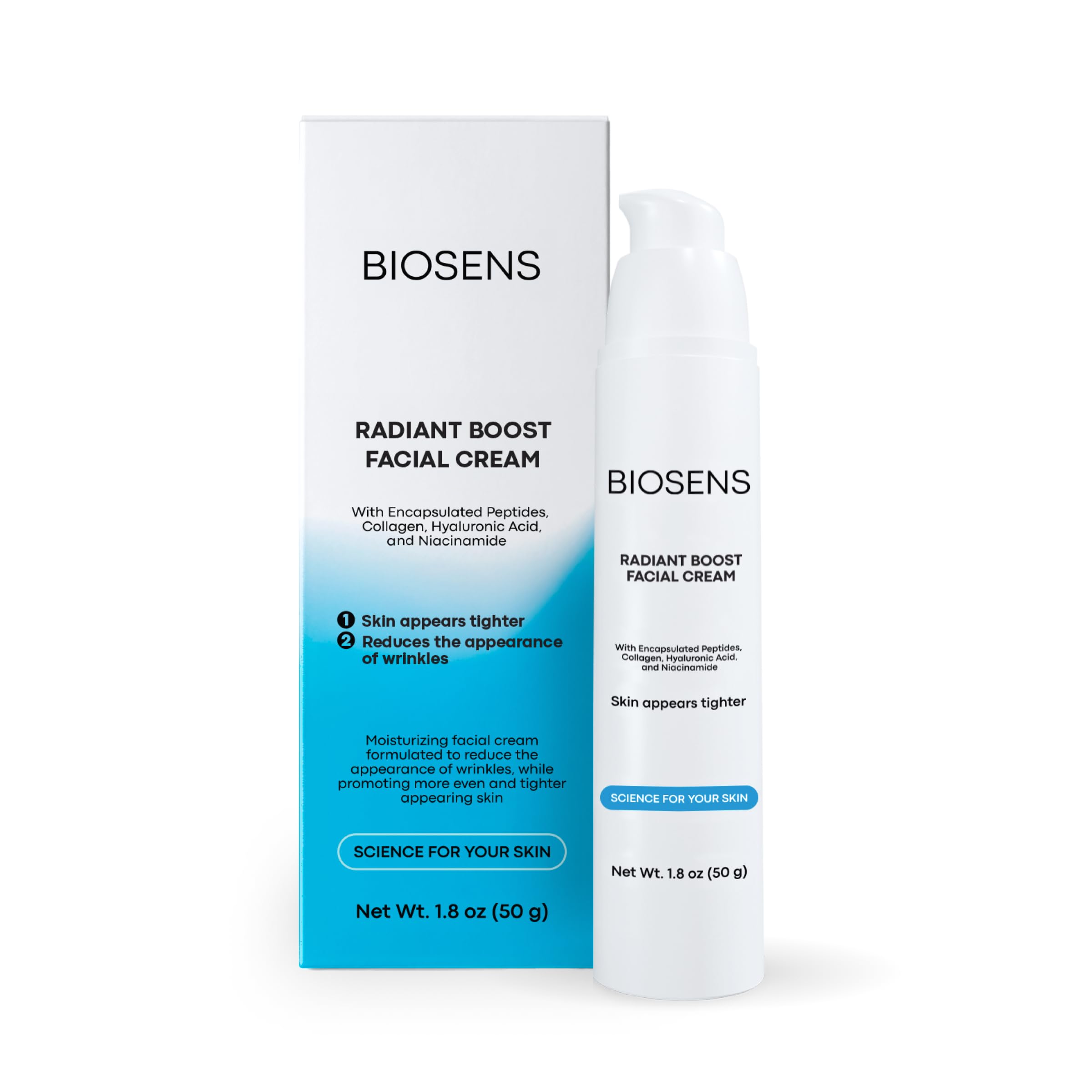 BIOSENS Antiaging Cream Moisturizer for face Prejuvenation, Reduces Wrinkles and fine lines, with Peptides, Collagen, Niacinamide & Vitamin E, Boost collagen production, 1.8 fl oz Airless Pump