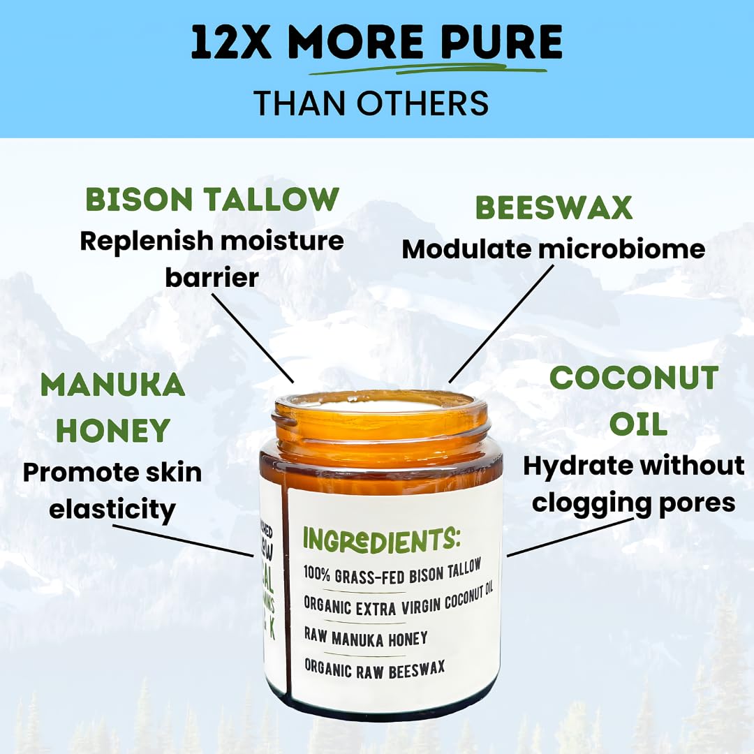 Grazly Unscented Manuka Honey & Bison Tallow Balm – 100% Organic, Grass-Fed Face & Body Moisturizer for Dry Skin, Acne-Prone Skin & Wrinkles – Ancestral Formula with Coconut Oil, Raw Beeswax – 3oz
