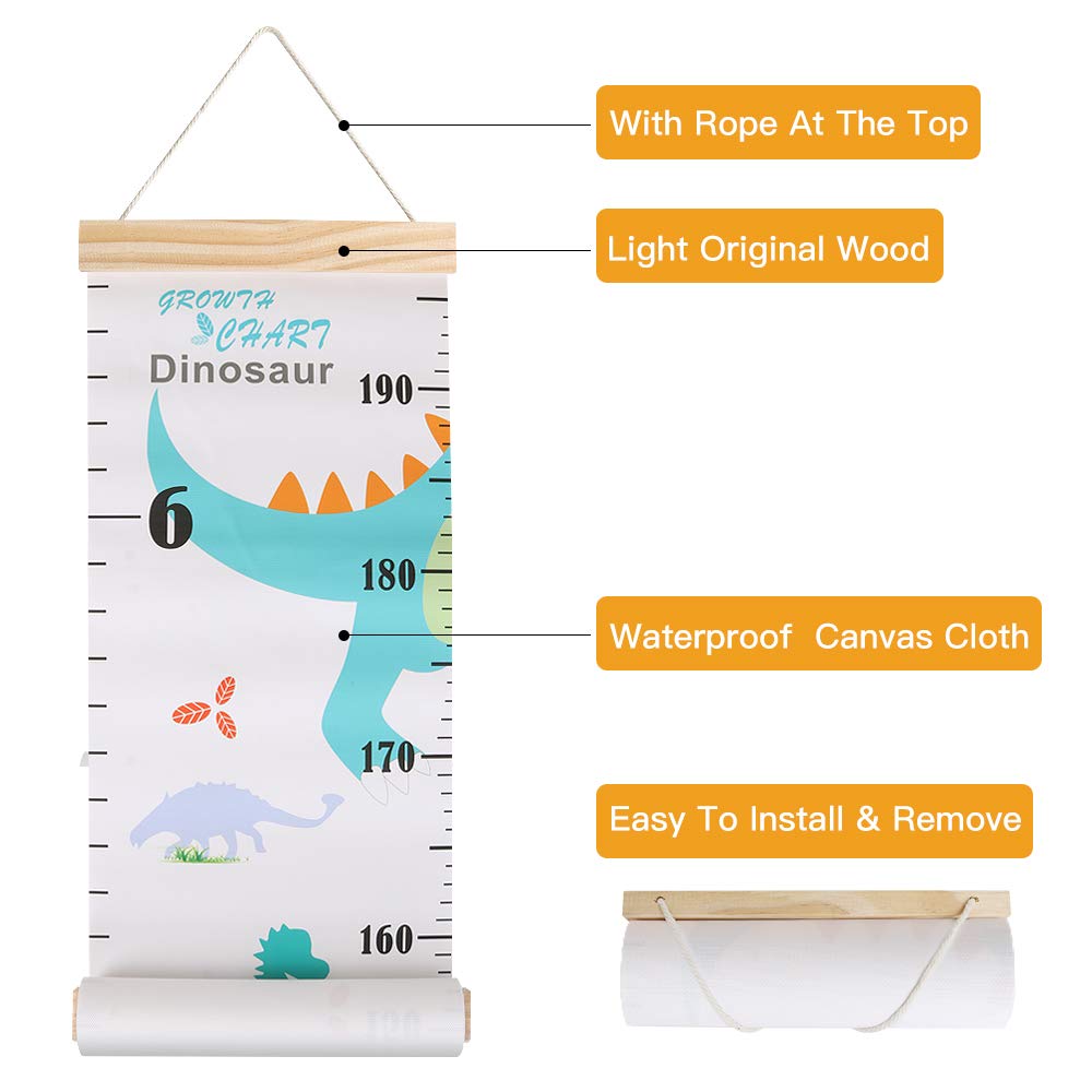 Growth Chart for Kids, Height Chart for Kids/Boys/Girls/Baby, Canvas & Wooden, Removable Growth Height Chart, Wall Room Decor - Dinosaur