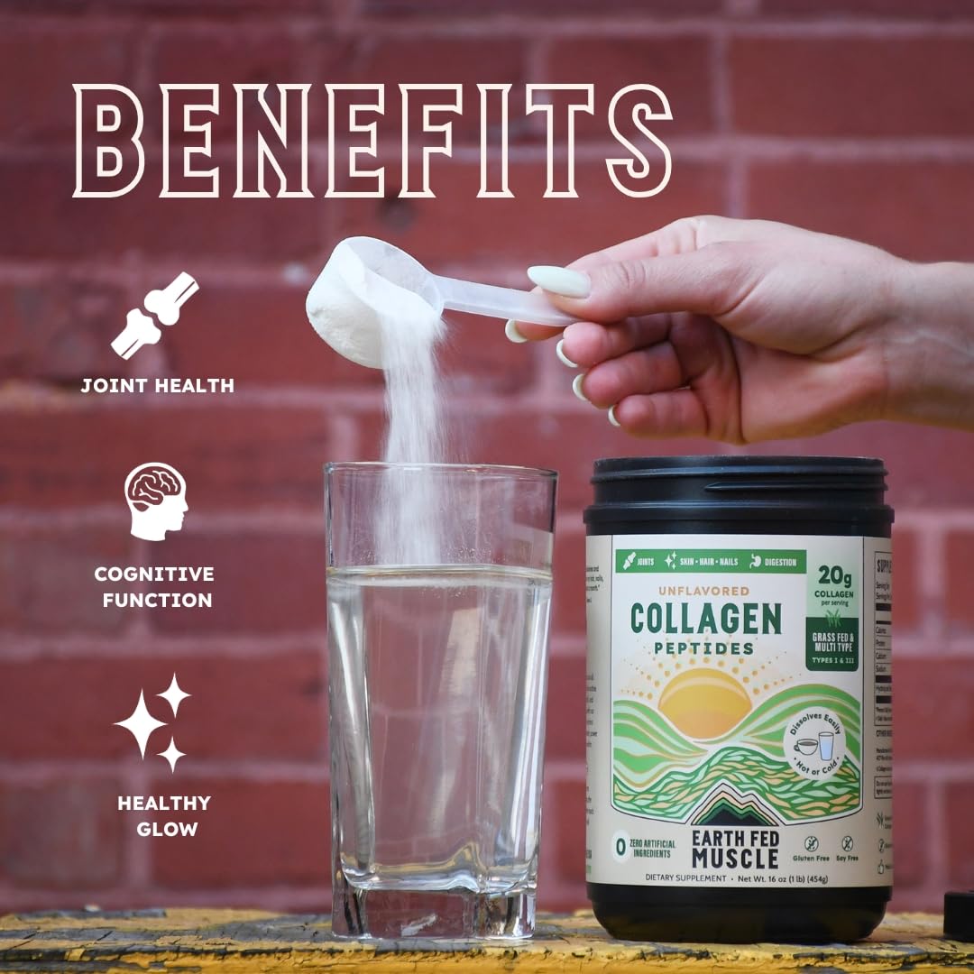 Earth Fed Muscle Unflavored Collagen Peptides Powder - 20g Protein Per Serving - Supports Hair, Skin, Nails, Joints & Recovery - Sugar-Free, Soy-Free, Gluten-Free, Paleo & Keto Friendly
