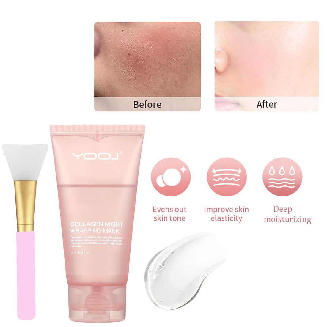 MULPG Collagen Overnight Wrapping Peel Off Facial Mask Pack,Collagen Night Wrapping Mask,Hydrates and Tightens Skin,Reduces Sagging,Elasticity & Hydration Care 2.54 fl.oz (Brush Included)