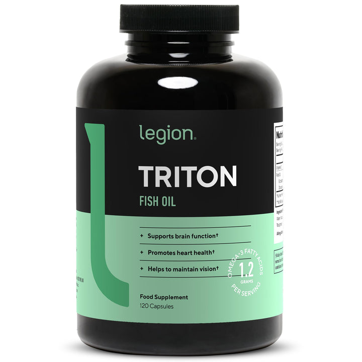 LEGION Triton Fish Oil Capsules - Triple Strength Omega 3 Essential Fatty Acids with Vitamin E & Lemon Oil for Maximum Absorption, Freshness & Purity - 2400mg EPA & DHA Per Serving, 30 Svgs
