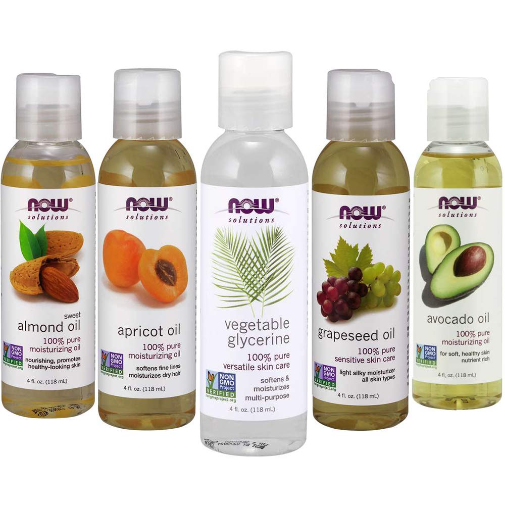 Now Foods Solutions 5 Pack - Carrier Oil Gift Set: Almond Oil - Grapeseed Oil - Avocado Oil - Apricot Oil - Vegetable Glycerine Oil 100% Natural Moisturizing Massage oil, Free Loofah Sponge