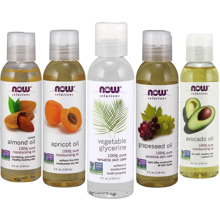 Now Foods Solutions 5 Pack - Carrier Oil Gift Set: Almond Oil - Grapeseed Oil - Avocado Oil - Apricot Oil - Vegetable Glycerine Oil 100% Natural Moisturizing Massage oil, Free Loofah Sponge