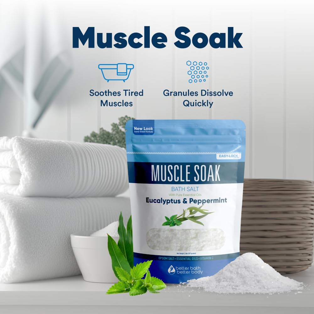 2 Pound : Muscle & Pain Relief Bath Salt 2 Pounds (32 Ounces) - Epsom Salt Bath Soak With Eucalyptus & Peppermint Essential Oil & Vitamin C - Natural No Perfume & Dyes - Relieve Aches & Joint Pains
