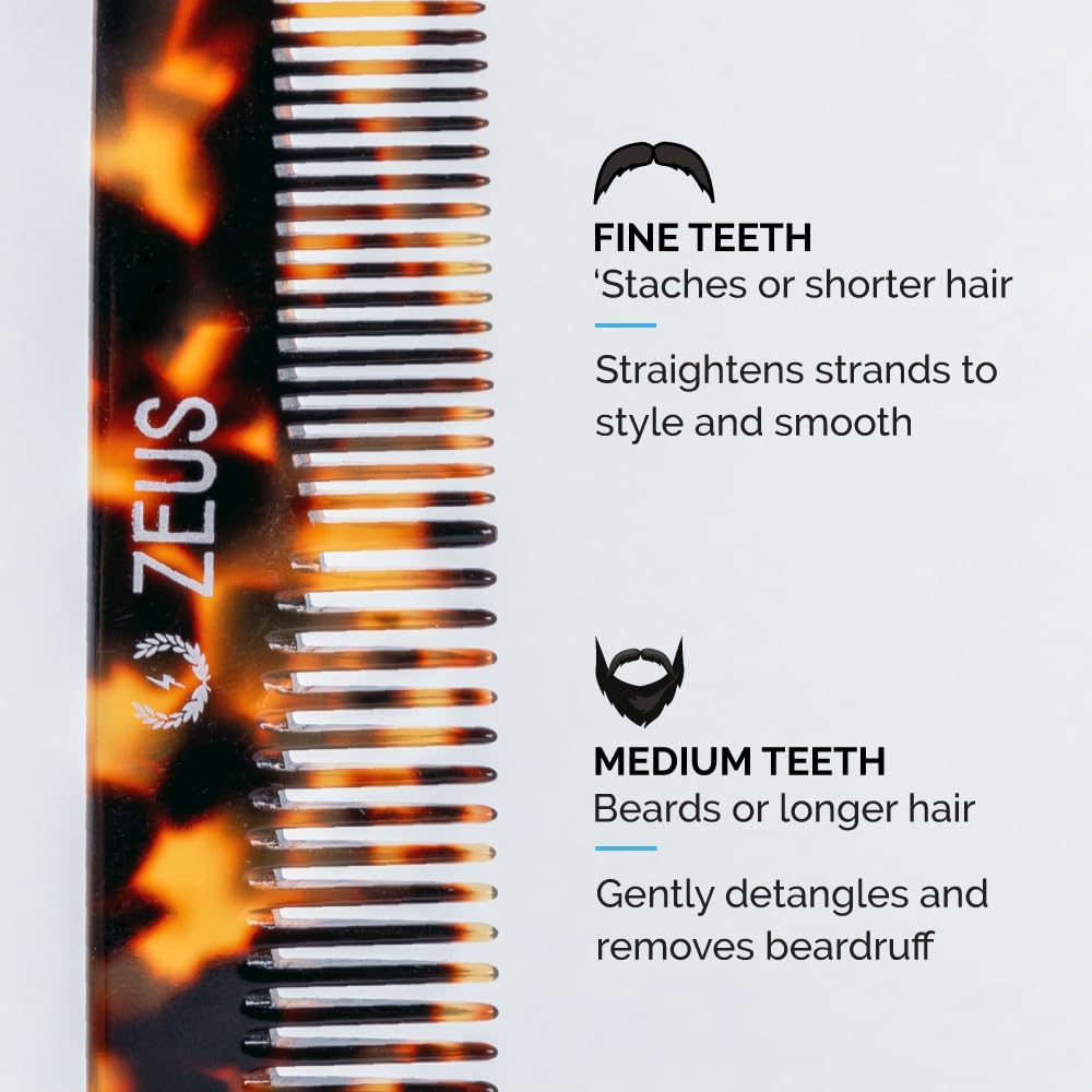 ZEUS Handmade Saw Cut Beard Comb, Tortoiseshell