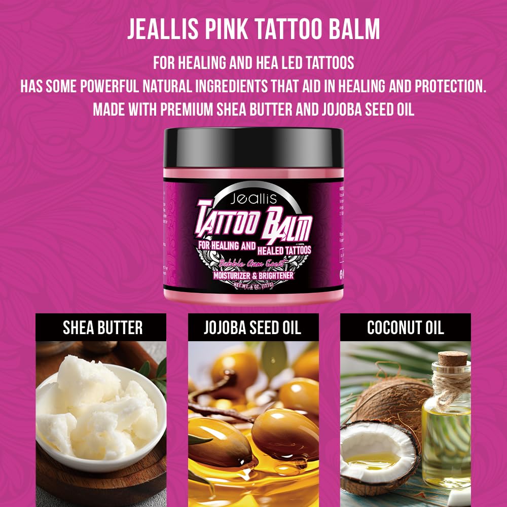 Jeallis Pink Tattoo Ointment for Artists and Aftercare, Tattoo Balm for Before, During & Post Tattoo Safe, Natural Tattoo Aftercare Cream Lotion, Bubble Gum, No-Petroleum, 6oz