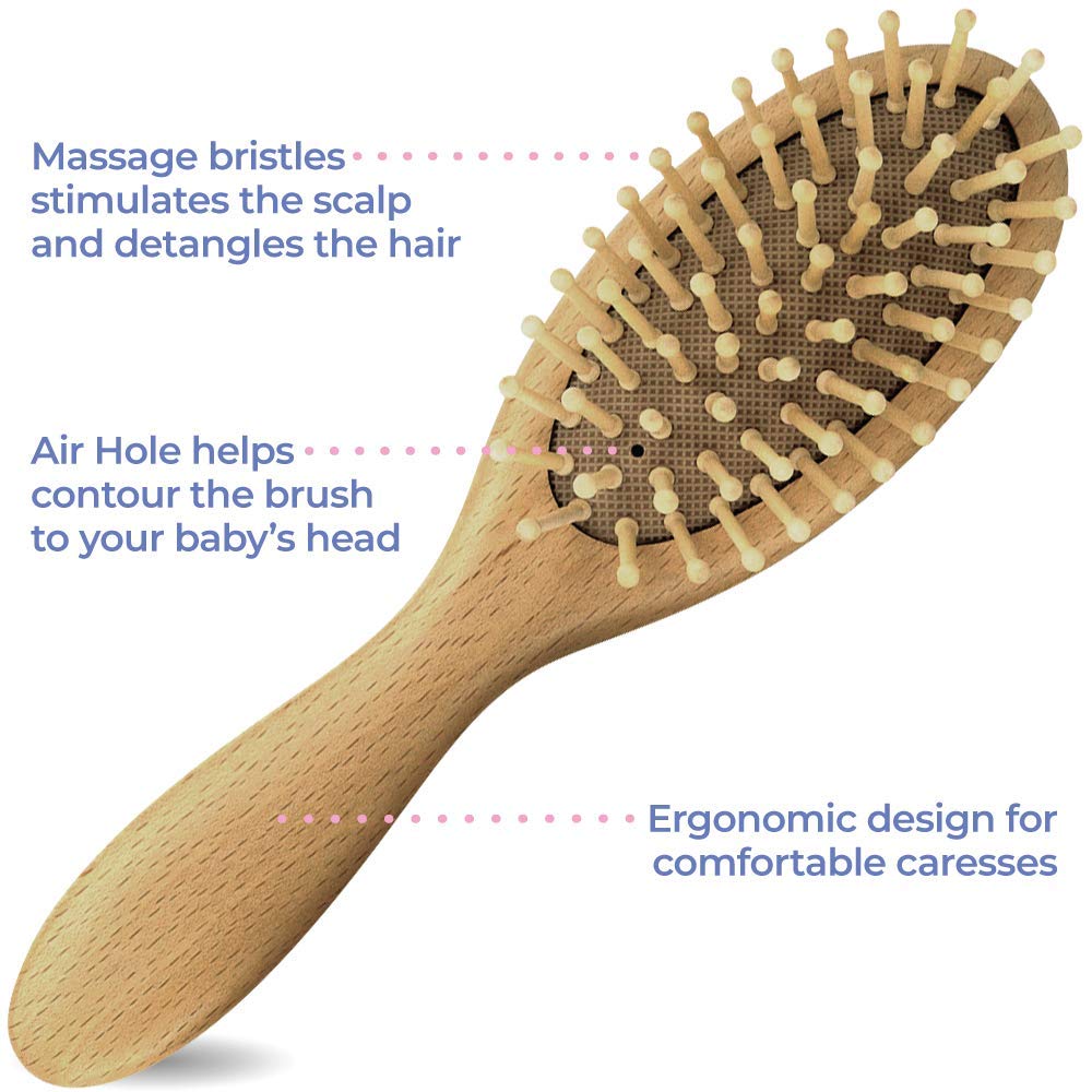 Premium Wooden Baby Hair Brush and Comb Set - Gentle Goat Hair Bristle Brush for Cradle Cap - Ideal Baby Brush Set for Newborns and Toddler Comb