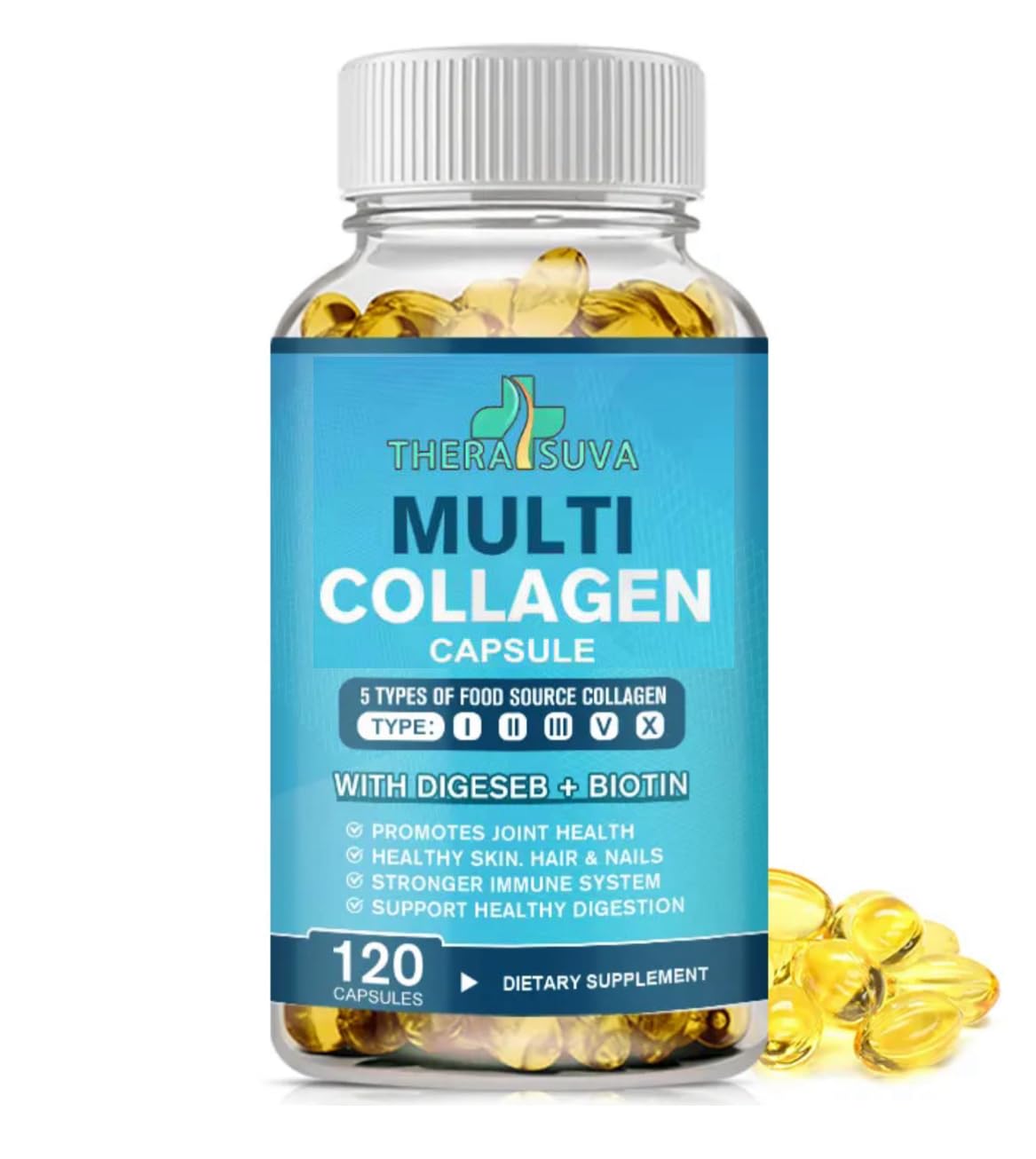 TheraSuva Multi-Collagen Complex + Biotin + Vitamin C, Type I II III V X, All Natural, Non GMO, for Healthy Hair, Beautiful Skin & Nails, Joint Health. 120 Capsules, 60 Day Supply