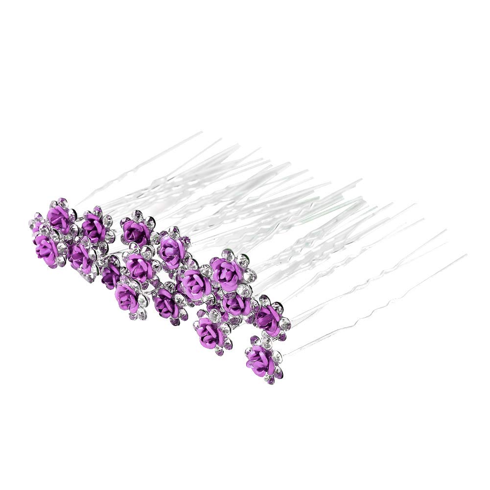 Purple Set: Insowni 40Pcs Bridal Wedding Rhinestone Rose Flower U-Shaped Hair Pins & 6Pcs Twist Pearl Hairpins Headpiece Set In Gift Box For Women Girls Bridesmaid (Purple Set)