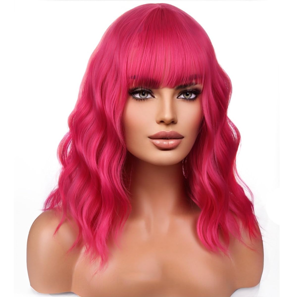 Hot Pink : RightOn 14’’ Short Curly Women Girl’s Charming Synthetic Wig with Air Bangs + Free Wig Cap + Free Comb (Hot Pink)