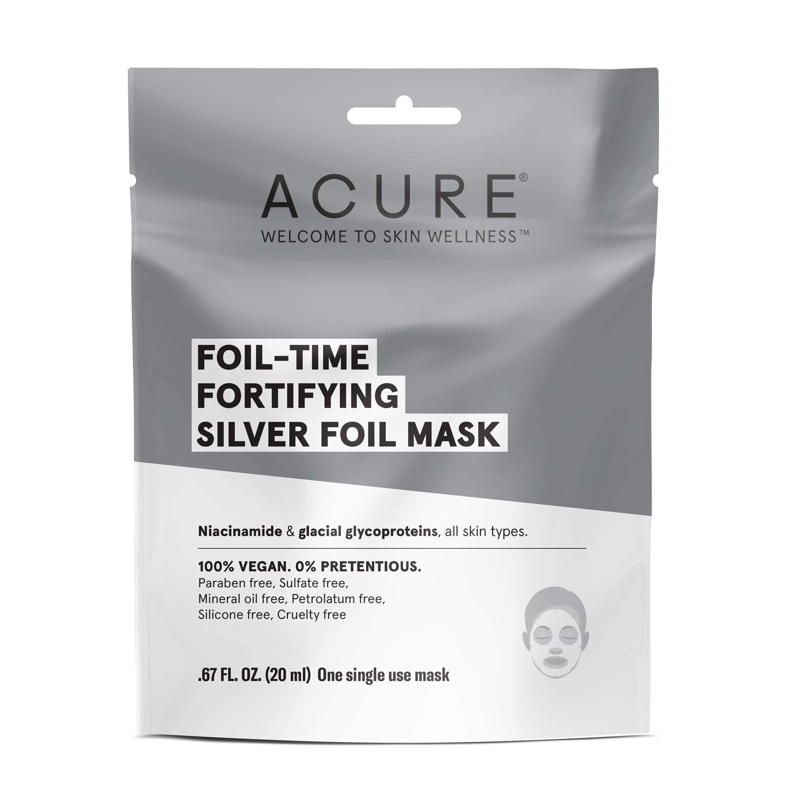 ACURE Foil-Time Fortifying Silver Mask | 100% Vegan | Traps Heat to Open Pores For Superior Serum Delivery | Niacinamide & Glacial Glycoproteins - For Rejuvenated & Refreshed Apprearance | 1 Count