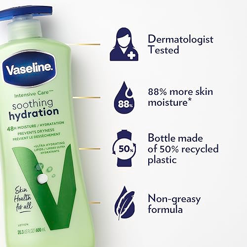 Vaseline Intensive Care Body Lotion Soothing Hydration for Dry Skin with Ultra-Hydrating Lipids + 1% Aloe Vera Extract to Refresh Dehydrated Skin 20.3 oz