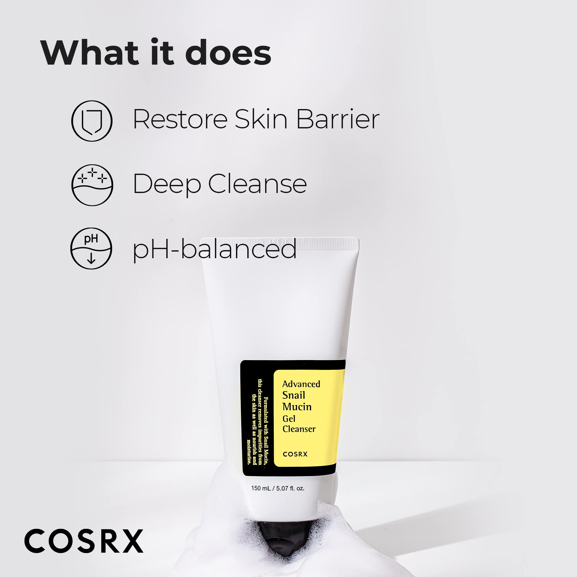 COSRX Advanced Snail Mucin Gel Cleanser, 5.07 Fl Oz / 150 mL | Rich Daily Deep Cleansing Gel for Dry & Sensitive Skin | Korean Skincare, Not Tested on Animals, No Parabens