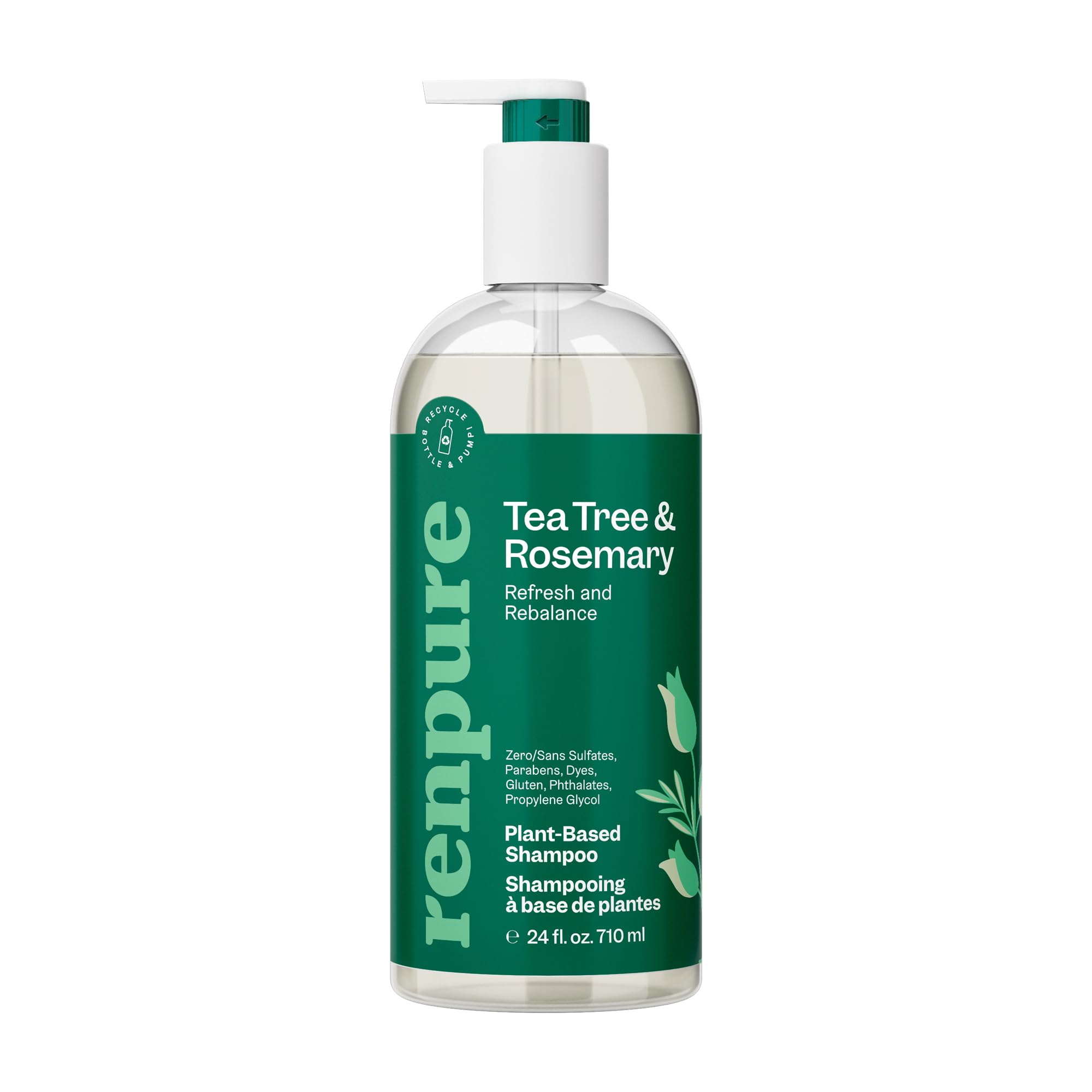 Renpure Plant Based Tea Tree and Rosemary Refresh and Rebalance Shampoo - Soothes Dry Scalp - Delivers Moisture and Shine - Rids Hair of Grime - Dye Free - Recyclable, Pump Bottle Design - 24 fl oz