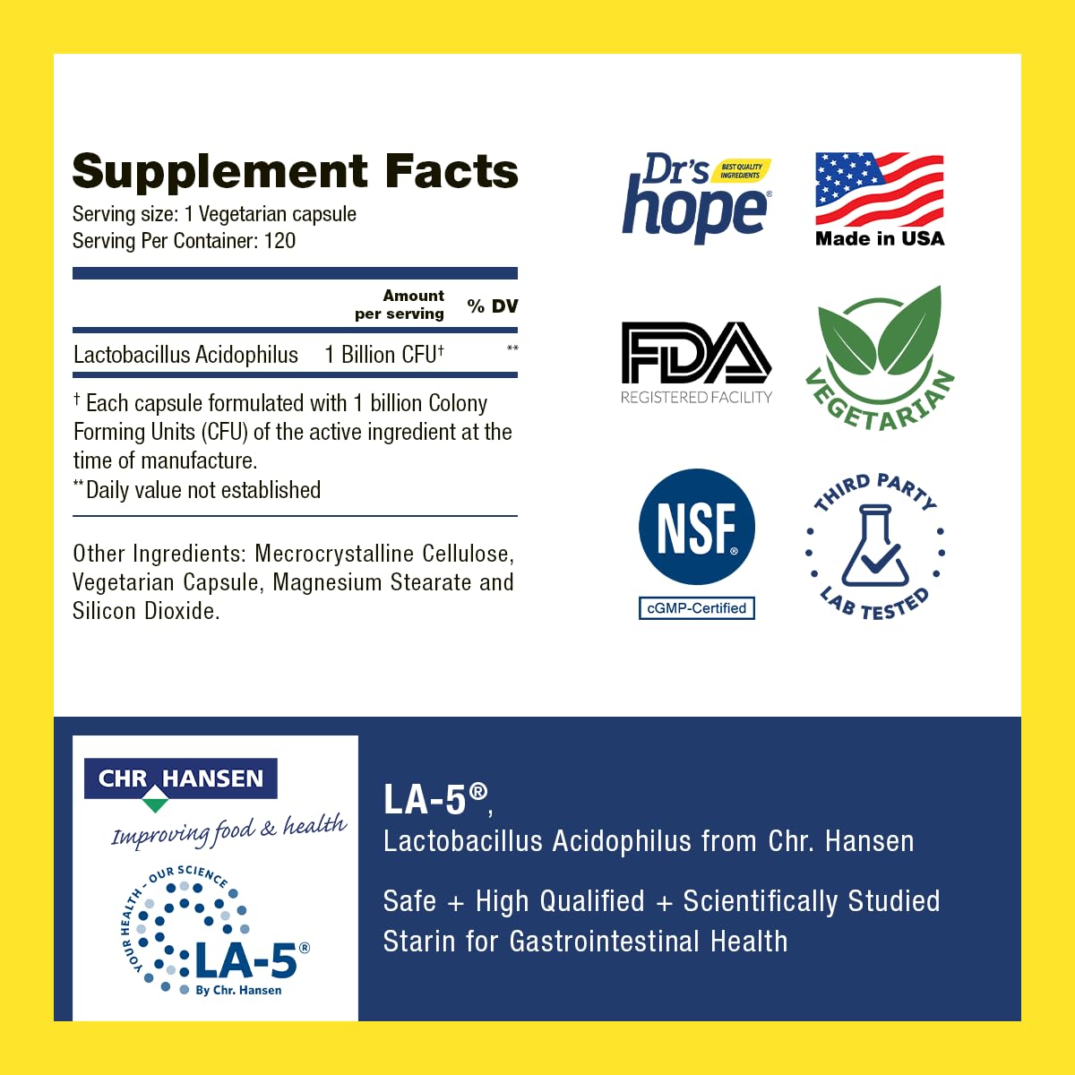 Dr’s Hope Lactobacillus Acidophilus 1B CFU, Probiotics for Digestive Health - Supports Digestive Health, Immune Function, and Overall Gut Health - 120 Veggie Capsules, Made in The USA