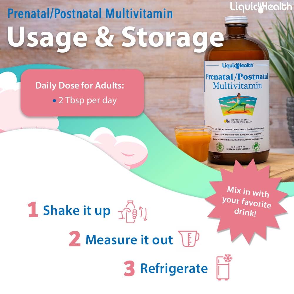 LIQUIDHEALTH Prenatal/Postnatal Multiple Liquid Women's Multivitamin with Real Folate - Pre & Postnatal Vitamins for Before, During, After Pregnancy - Vegan, Sugar-Free, Non GMO, Great Taste (32 oz)