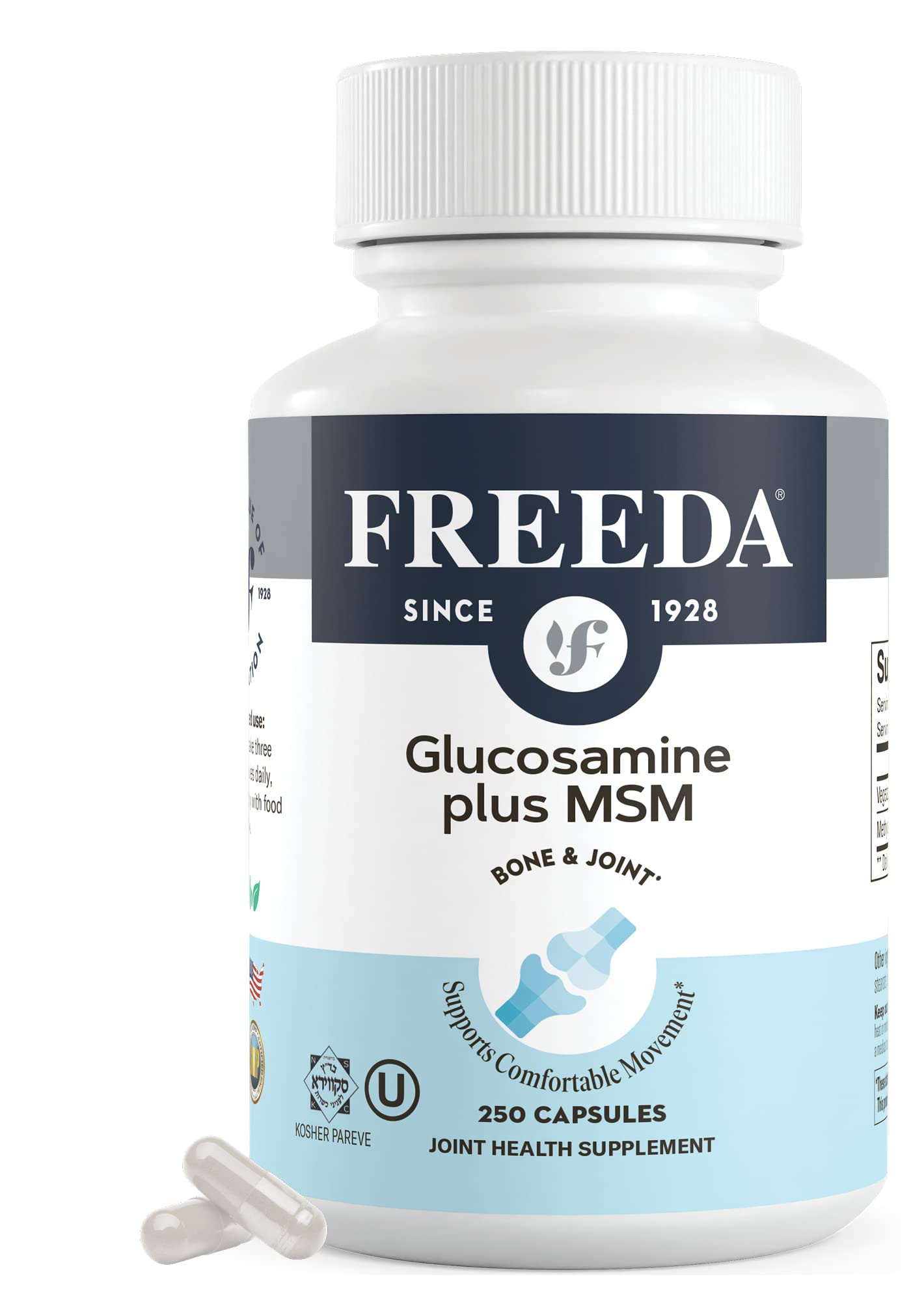 FREEDA Glucosamine MSM - Vegan Glucosamine with MSM Supplement - Bone & Joint Health Supplement - Vegetarian Glucosamine Without Shellfish - Bone & Joint, Knee Supplement for Mobility (250 Capsules)