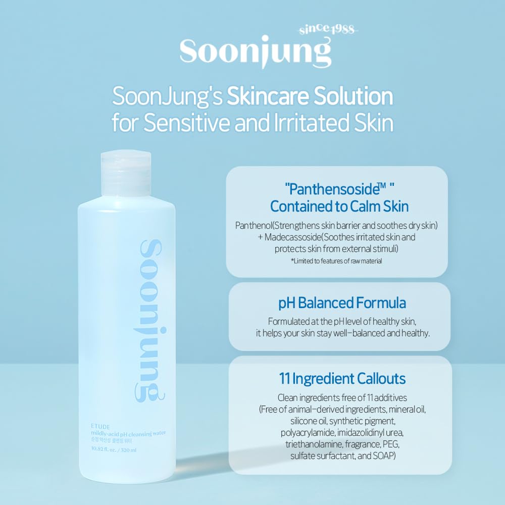 ETUDE SoonJung 5.5 Cleansing Water 320ml (23AD)| Low pH Face Cleanser | Korean Hypoallergenic Skin Care | Removes Makeup and Impurities on the Skin