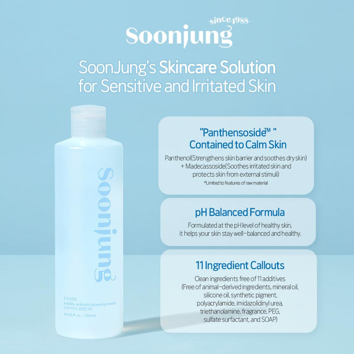 ETUDE SoonJung 5.5 Cleansing Water 320ml (23AD)| Low pH Face Cleanser | Korean Hypoallergenic Skin Care | Removes Makeup and Impurities on the Skin